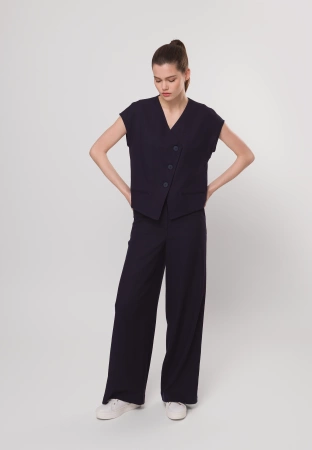 Granatowe szerokie spodnie z wiskozą i lnem