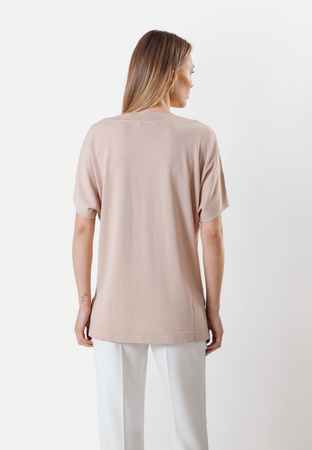 Beżowa dzianinowa bluzka z ozdobną lamówką