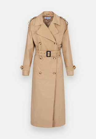 Długi beżowy trencz