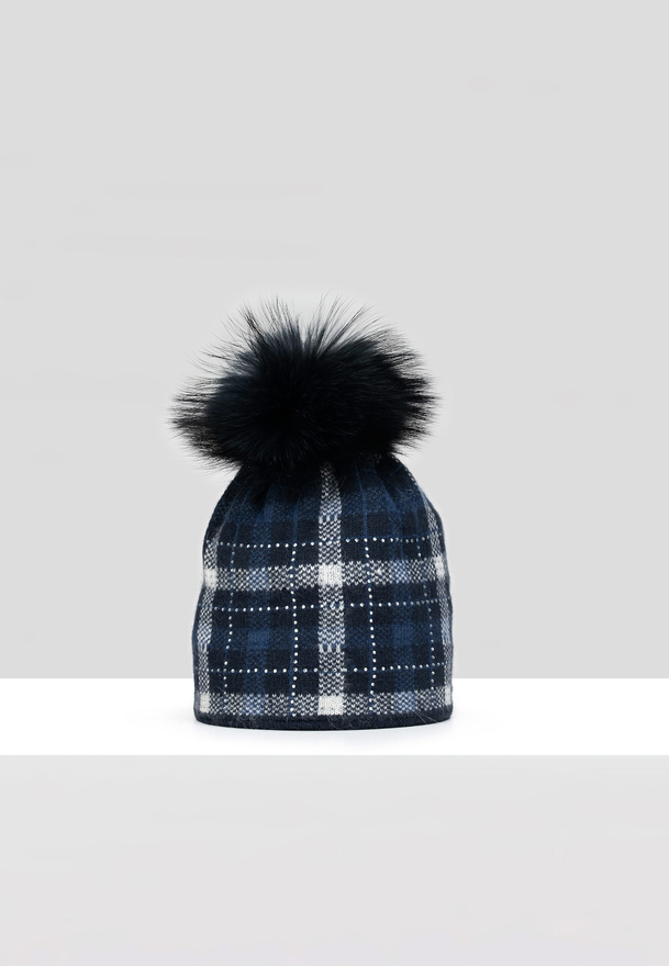 Czarno granatowa czapka w kratkę