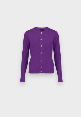 Fioletowy kardigan ze złotymi guzikami i tłoczeniem w romby