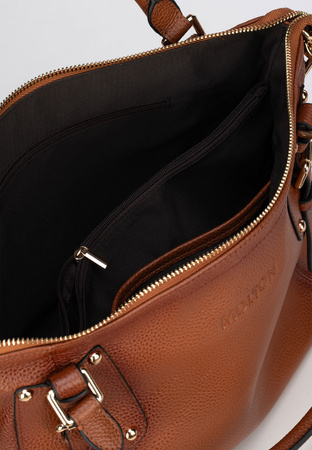 Camelowa skórzana torebka z ozdobnym zapięciem