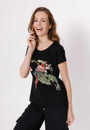 Bawełniany czarny t-shirt z papugą