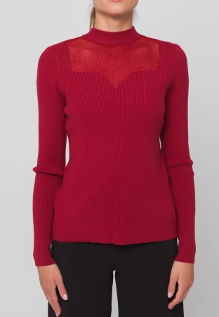 Bordowy dzianinowy półgolf z ażurowym dekoltem