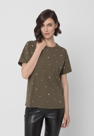 Khaki bawełniany t-shirt z dżetami