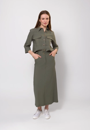 Długa spódnica w oliwkowym kolorze z wiskozą i lnem