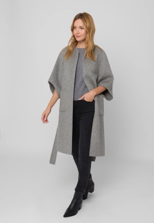 Szary wełniany płaszcz z wiązaniem