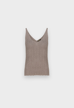 Brązowa ażurowa bluzka na ramiączka ze srebrną nitką