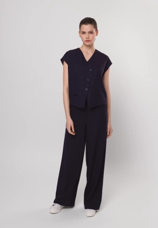 Granatowa kamizelka z asymetrycznym zapięciem z wiskozą i lnem