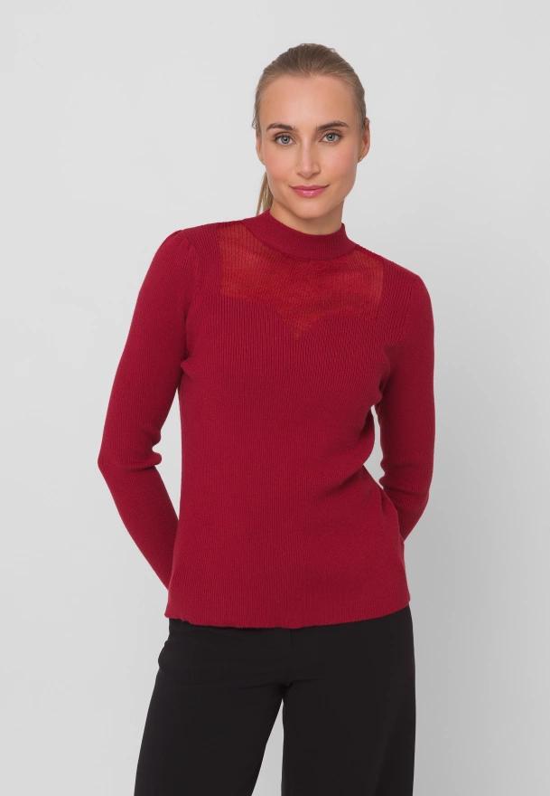 Bordowy dzianinowy półgolf z ażurowym dekoltem