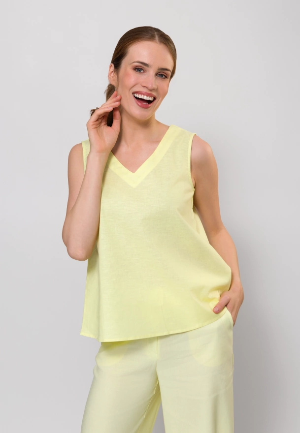 Żółta bluzka na szerokich ramiączkach z bawełny i lnu