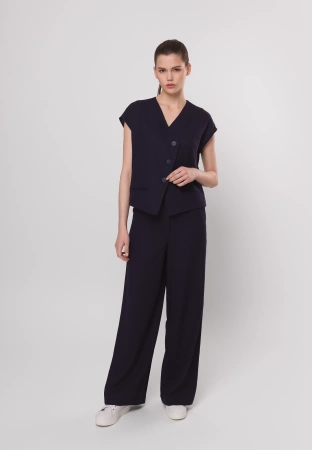 Granatowa kamizelka z asymetrycznym zapięciem z wiskozą i lnem