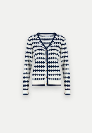Biało-granatowy dzianinowy kardigan z wzorem