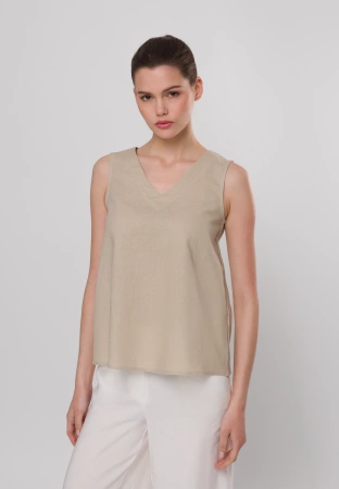 Beżowa bluzka na szerokich ramiączkach z bawełny i lnu