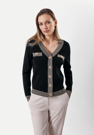 Czarny kardigan w prążki ze złotą plisą