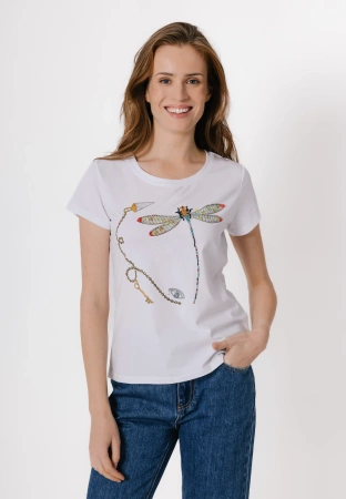 Biały t-shirt z ważką z koralików