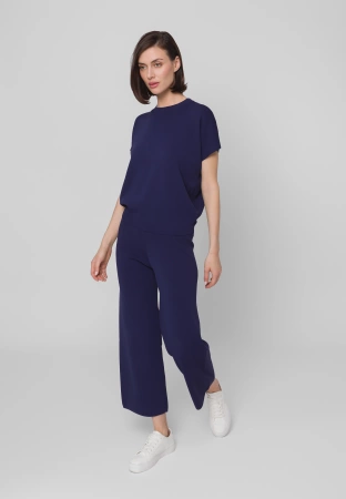 Granatowe spodnie z dzianiny z szeroką nogawką