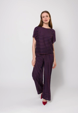 Szerokie wiskozowe spodnie w bordowo-granatowe paski