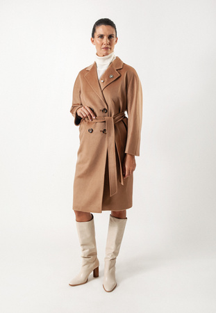 Camelowy dwurzędowy płaszcz 100% wełna