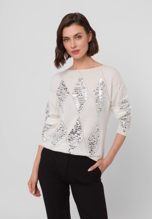 Ecru sweter zdobiony cekinami