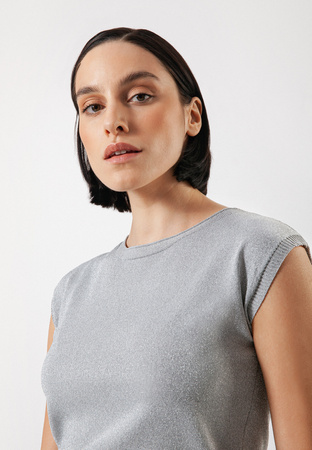 Szara dzianinowa bluzka ze srebrną nicią