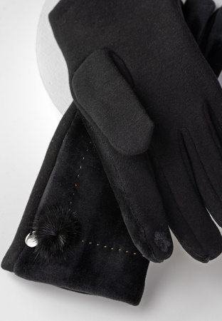 Czarne rękawiczki z naturalnym pomponem