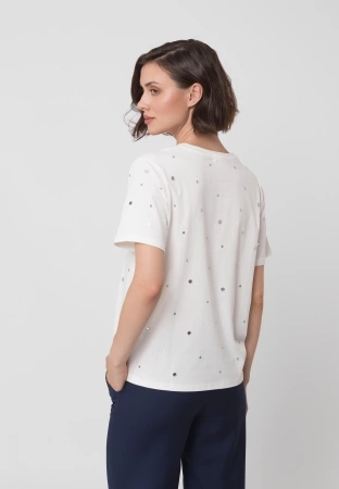 Ecru bawełniany t-shirt z dżetami