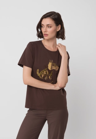 Brązowy bawełniany t-shirt z aplikacją