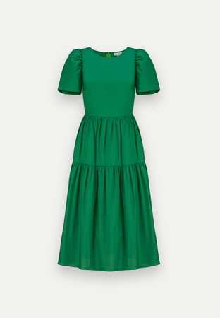 Popelinowa zielona sukienka z falbaniastym dołem