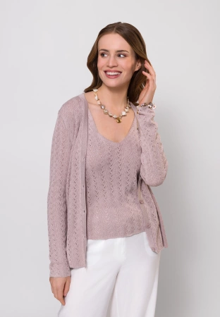 Różowy ażurowy kardigan ze srebrną nitką