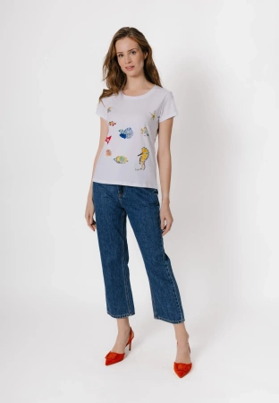 Biały bawełniany t-shirt w rybki