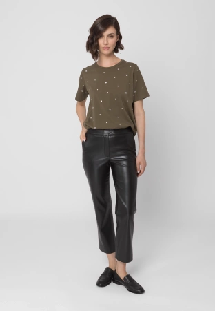 Khaki bawełniany t-shirt z dżetami