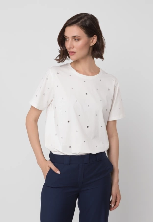 Ecru bawełniany t-shirt z dżetami