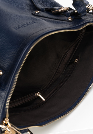 Granatowa skórzana torebka z ozdobnym zapięciem