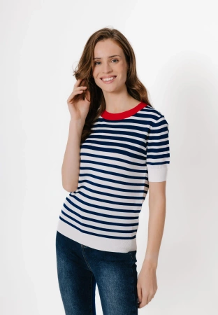 Dzianinowa bluzka w granatowo-białe paski z czerwoną lamówką
