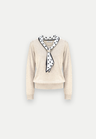 Beżowy sweter z apaszką w grochy