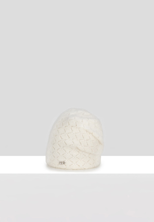 Ecru czapka w romby z naturalnym włosiem
