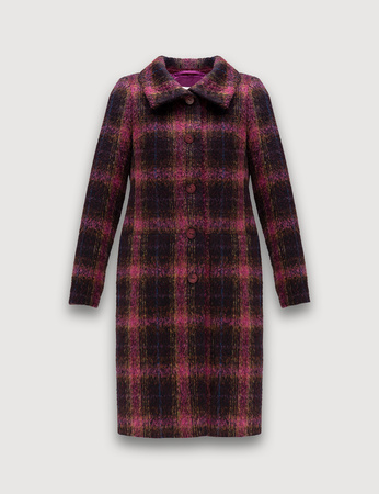 Wełniany płaszcz w kratę w odcieniach fioletu