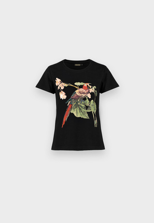Bawełniany czarny t-shirt z papugą