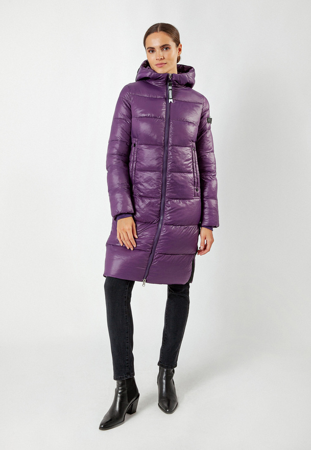 Fioletowa długa kurtka z kapturem
