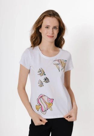 Biały bawełniany t-shirt w ryby