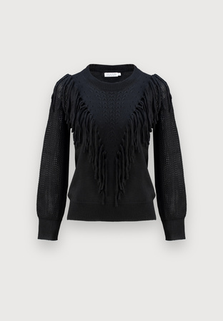 Czarny sweter z frędzlami i ażurowymi rękawami