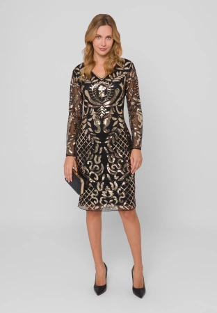 Czarna wizytowa sukienka wyszywana złotymi cekinami