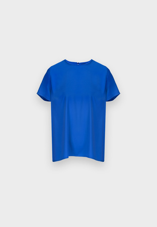 Szafirowa satynowa bluzka z krótkim rękawem