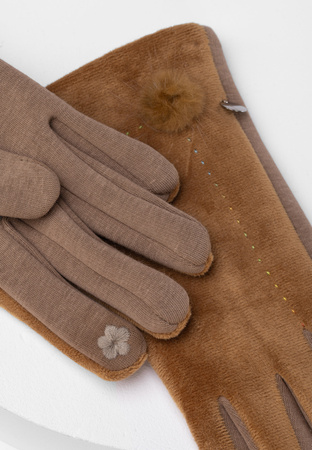 Camelowe rękawiczki z naturalnym pomponem