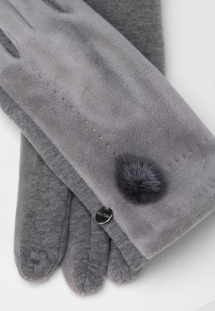 Szare rękawiczki z naturalnym pomponem