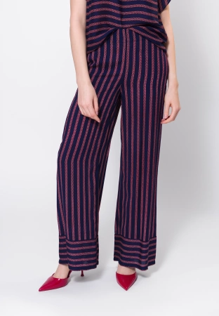 Szerokie wiskozowe spodnie w bordowo-granatowe paski