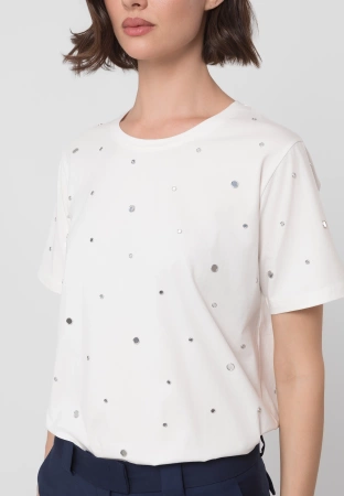 Ecru bawełniany t-shirt z dżetami