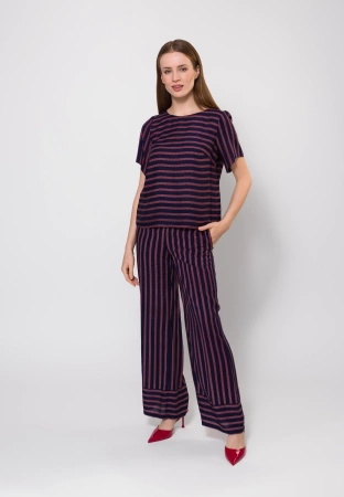Szerokie wiskozowe spodnie w bordowo-granatowe paski