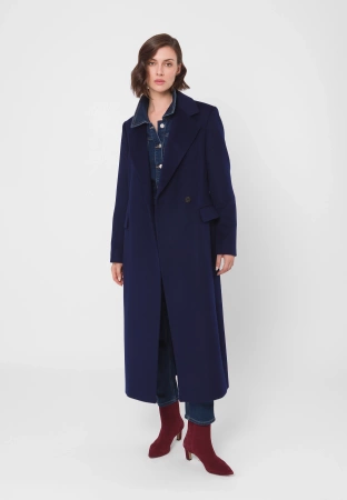 Granatowy długi wełniany płaszcz